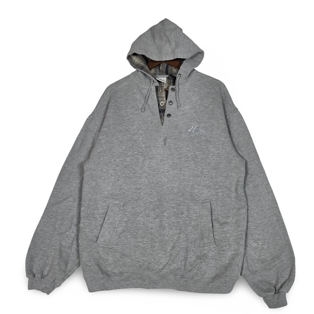 Vintage No Fear Heather Gray Henley Snap Pullover Hoodie Plaid Lined Mens Size M
